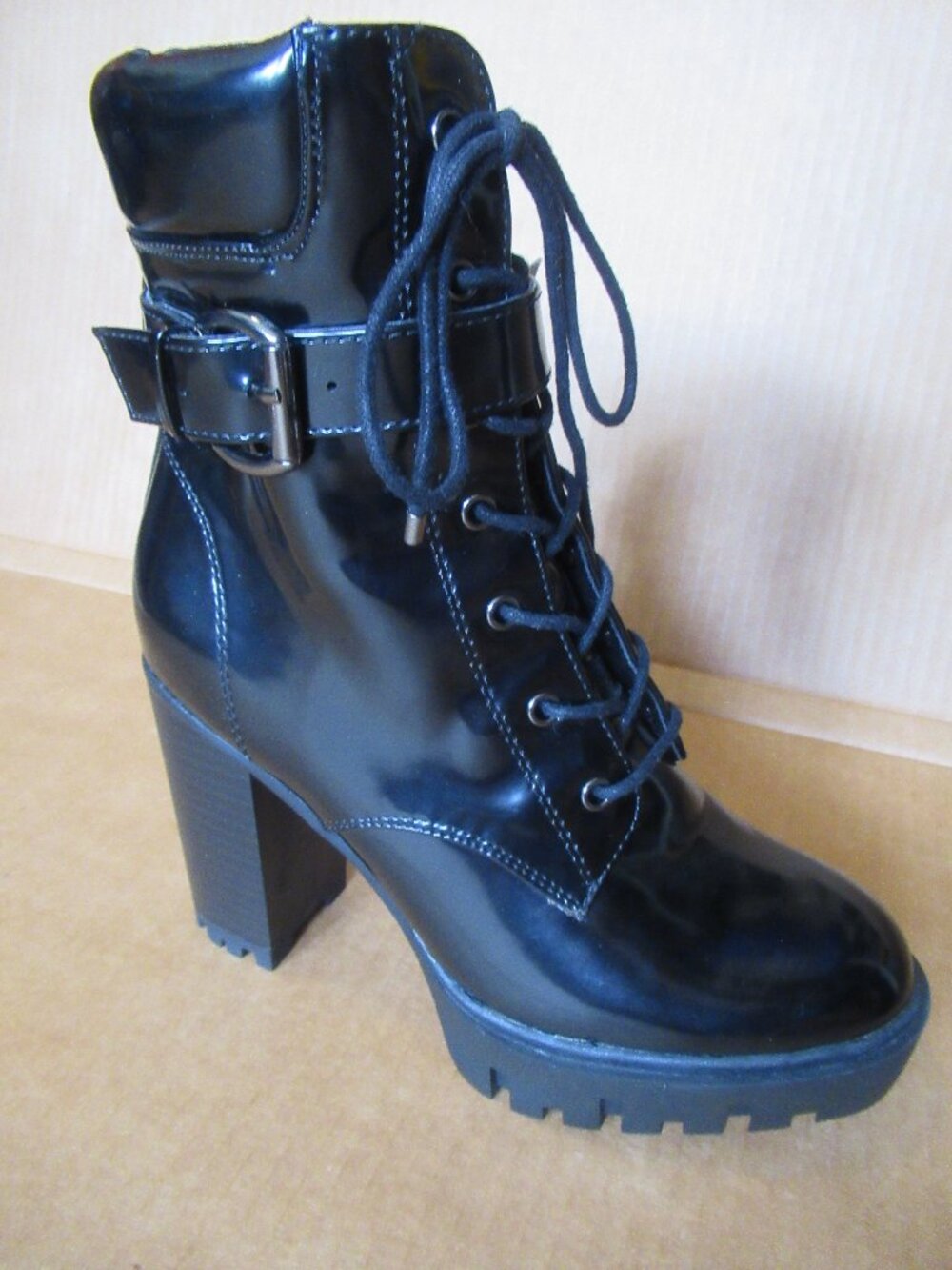 NWT Forever 21 Black Patent Lace Up Buckle Chunky Heel Ankle Boots | Size 7 - Picture 3 of 16